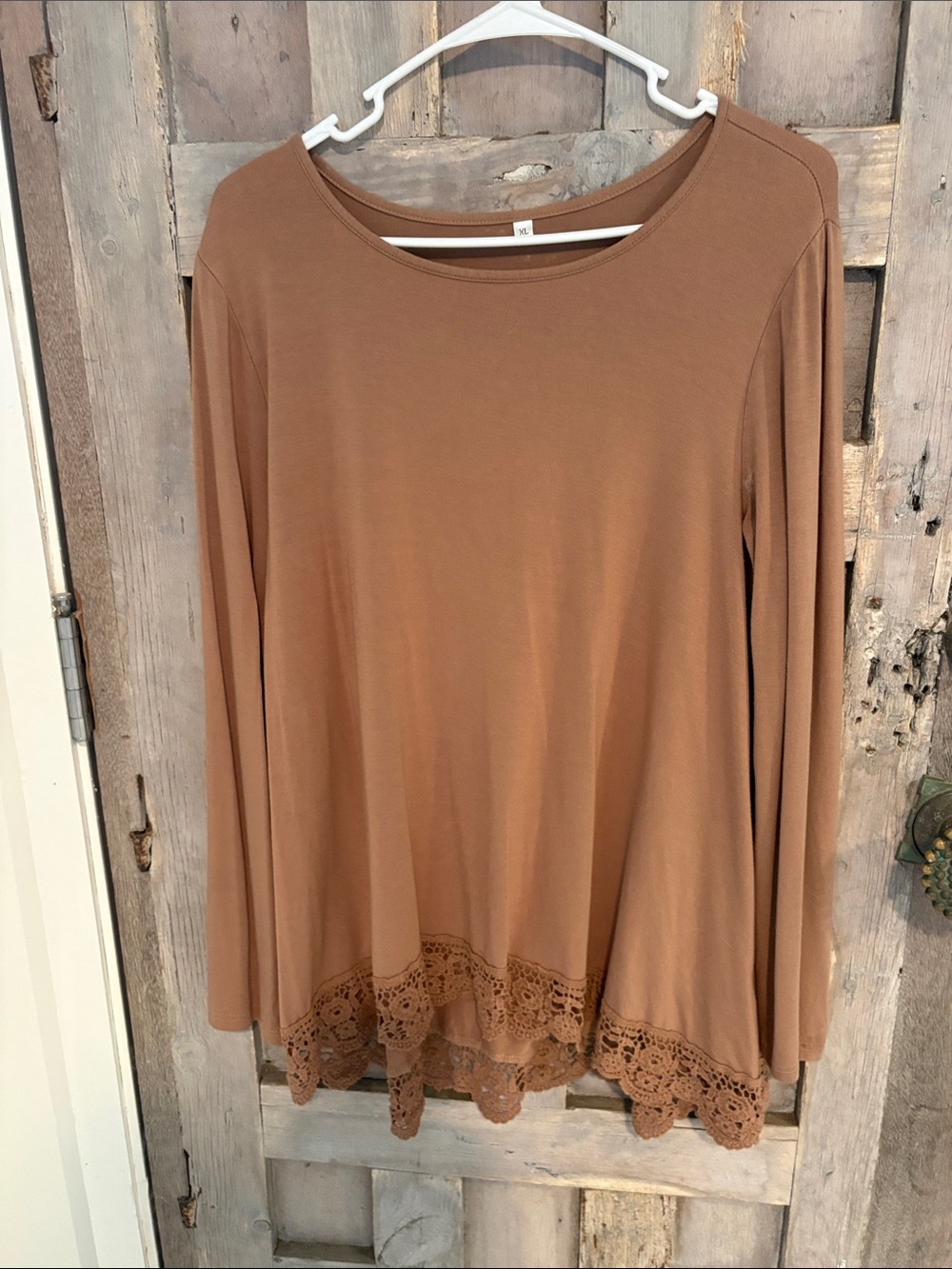 Women's Long Sleeve Crochet Hem Top - tan XL